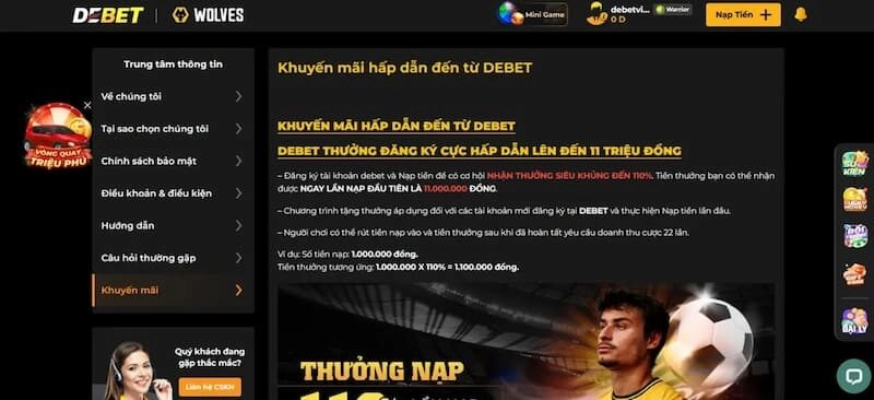 Debet hỗ trợ người chơi nhiều khuyến mãi giá trị